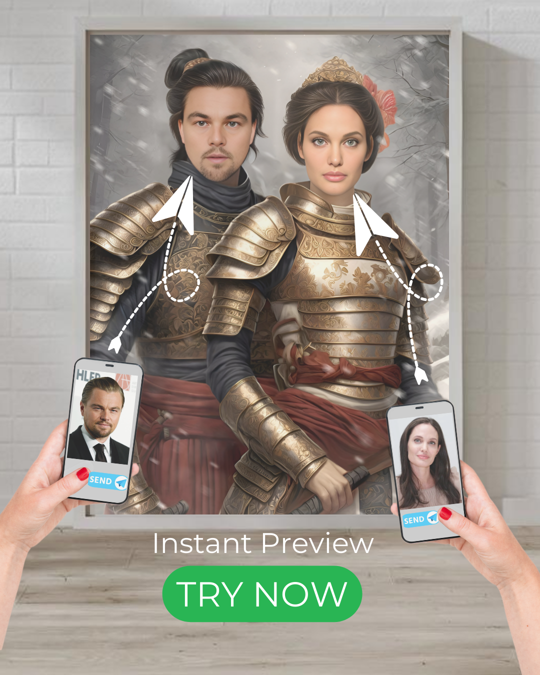 Custom warrior royal portrait featuring a powerful king and queen in ornate armor, transformed from your own photo into stunning artwork.