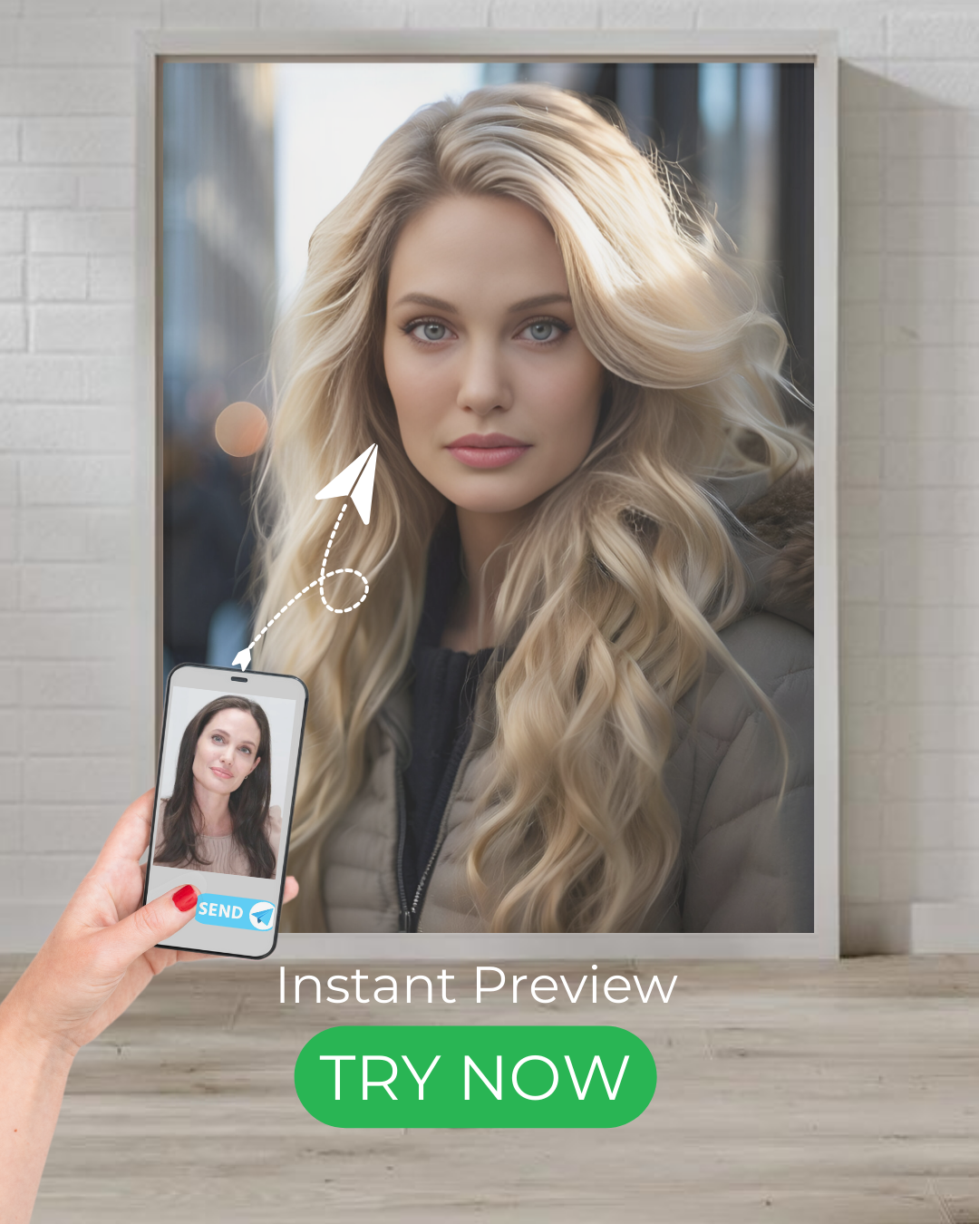 Custom Winter Elegance portrait, stylish blonde woman digital painting, elegant winter photography-inspired artwork.