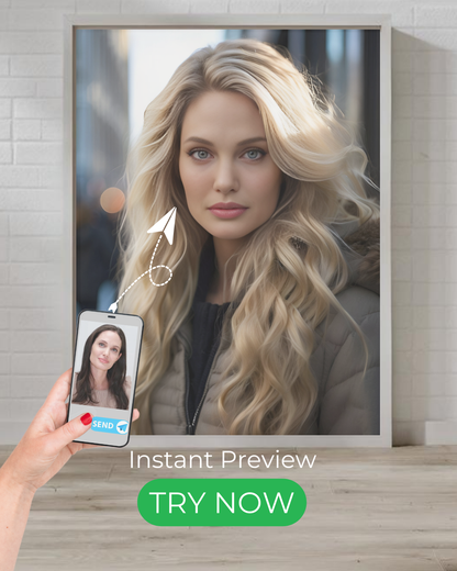 Custom Winter Elegance portrait, stylish blonde woman digital painting, elegant winter photography-inspired artwork.