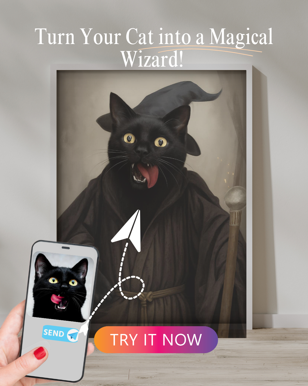 Black Cat Licking Its Nose in a Wizard Costume – Fun magical-themed cat portrait.
