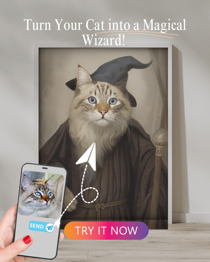 Blue-Eyed Tabby Cat in a Brown Cloak with Wizard Hat – Custom enchanted pet artwork.