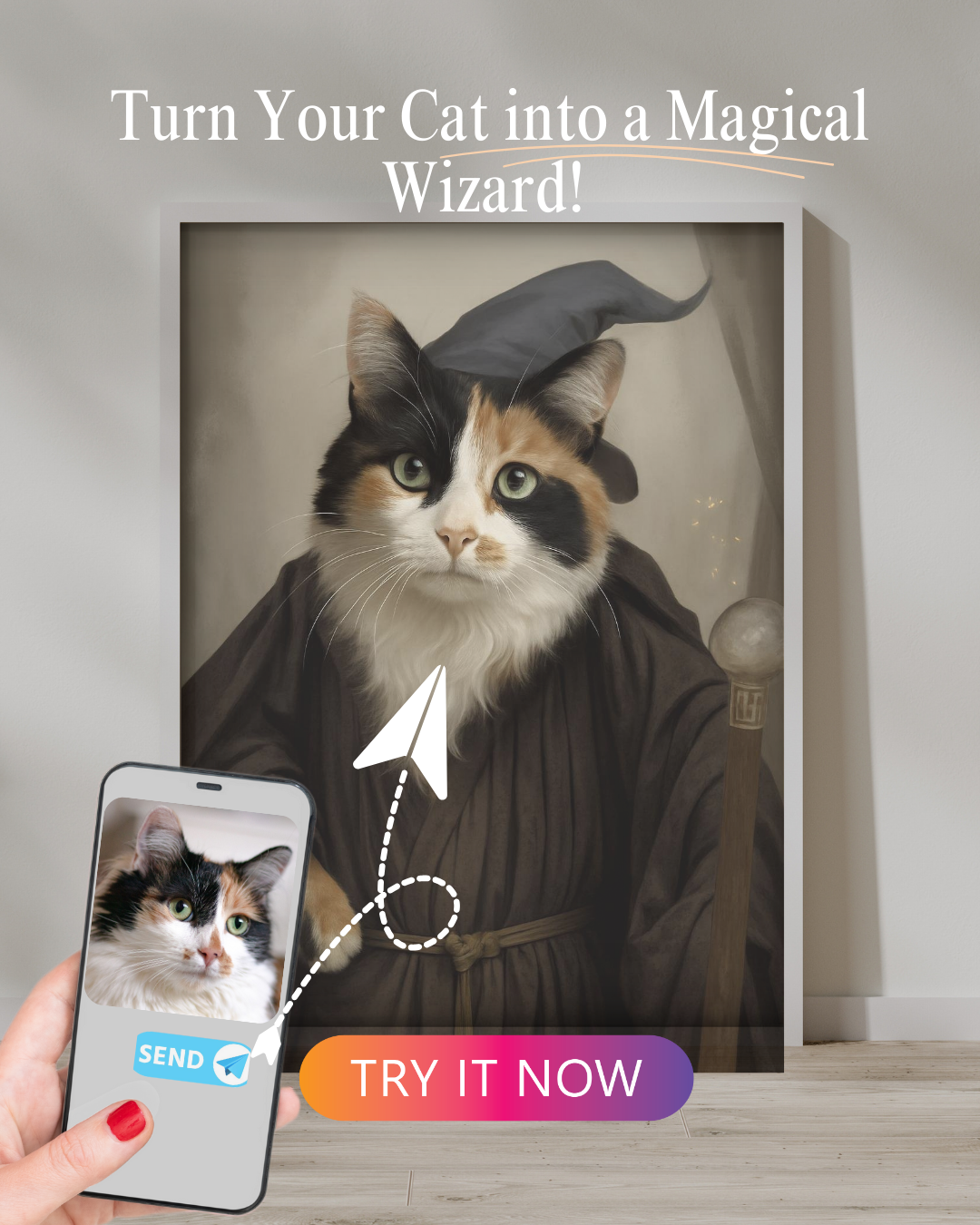 Gentle Calico Cat Wearing a Wizard Robe and Hat – Disneyfied magical custom pet art.