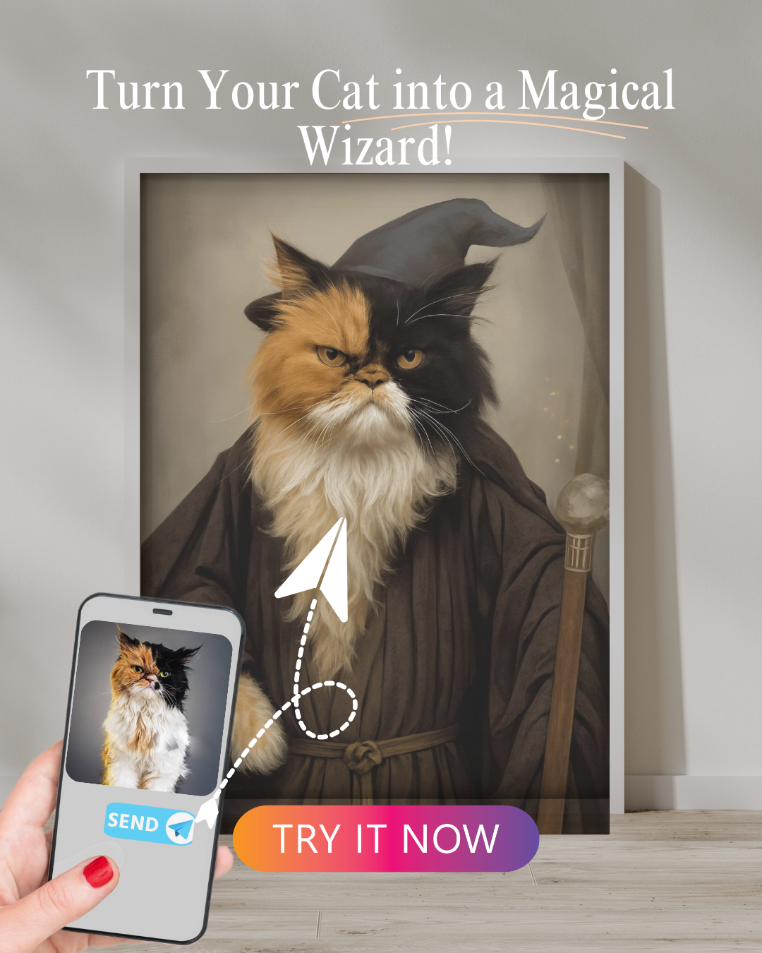 Grumpy Calico Cat Dressed as a Wizard with a Hat and Staff – Fantasy-style custom cat portrait.