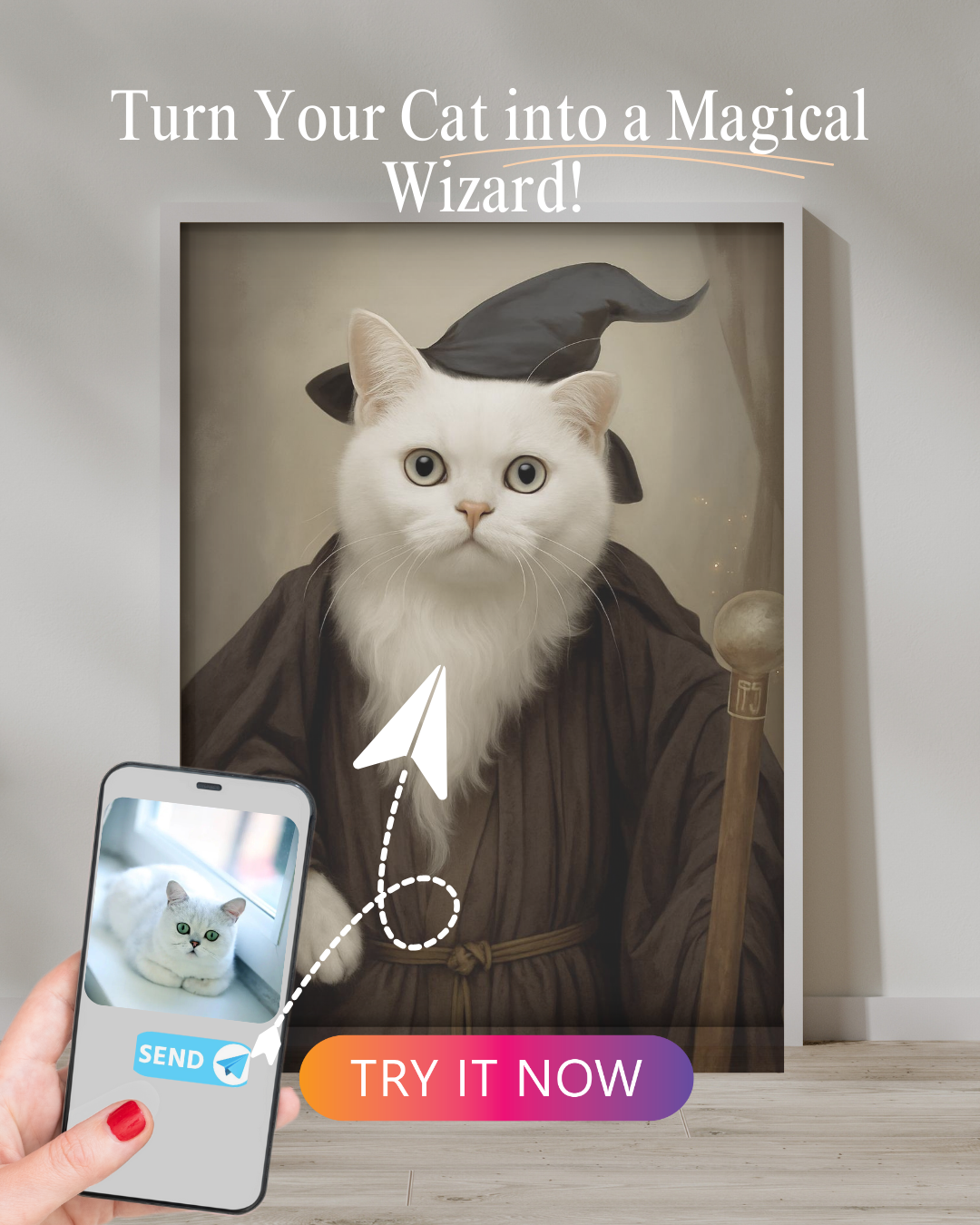 White Cat with Big Eyes Dressed as a Sorcerer – Custom fantasy cat wizard painting.