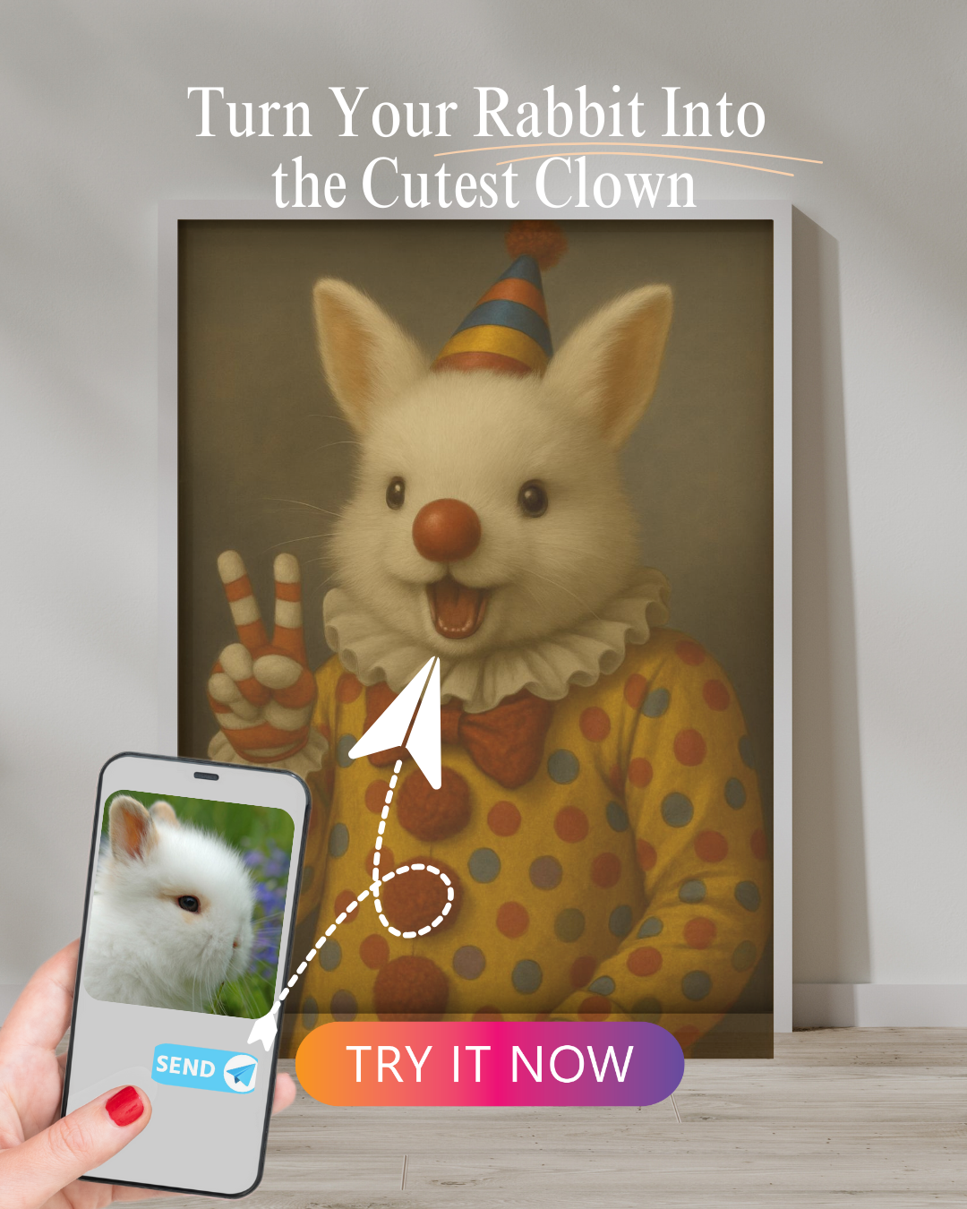 Clown Kaninchen Portrait | Benutzerdefinierte lustige Hasenkunst von Ihrem Foto