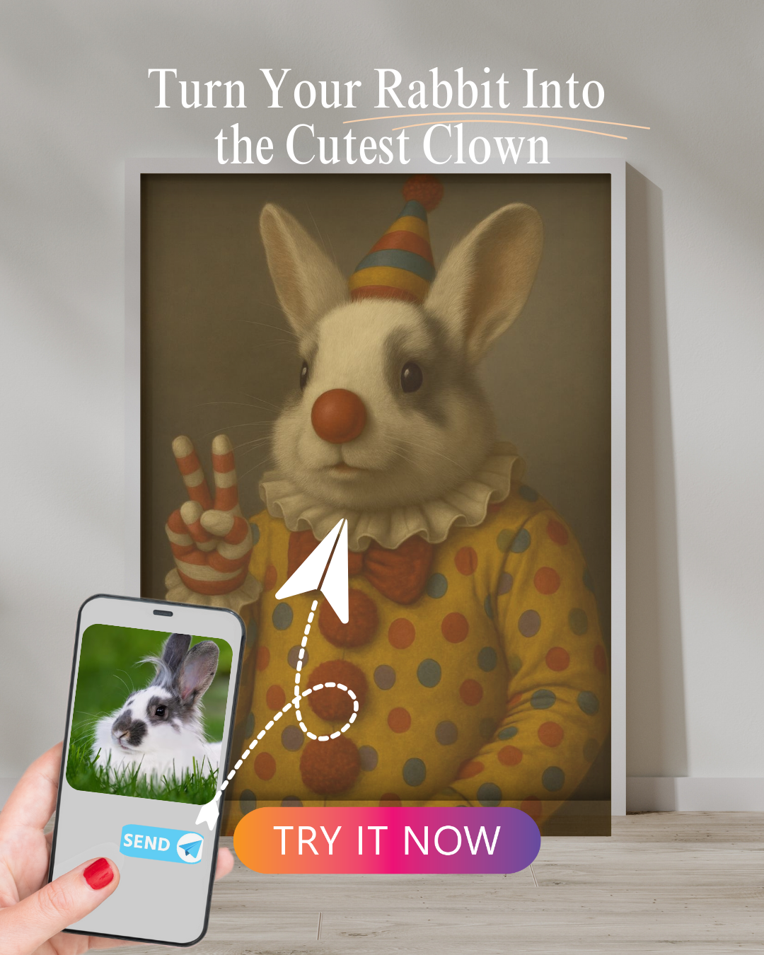 Clown Kaninchen Portrait | Benutzerdefinierte lustige Hasenkunst von Ihrem Foto
