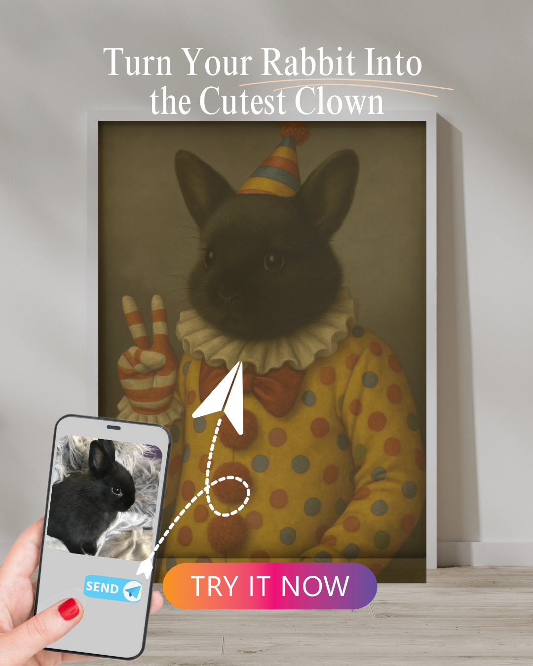 Clown Kaninchen Portrait | Benutzerdefinierte lustige Hasenkunst von Ihrem Foto