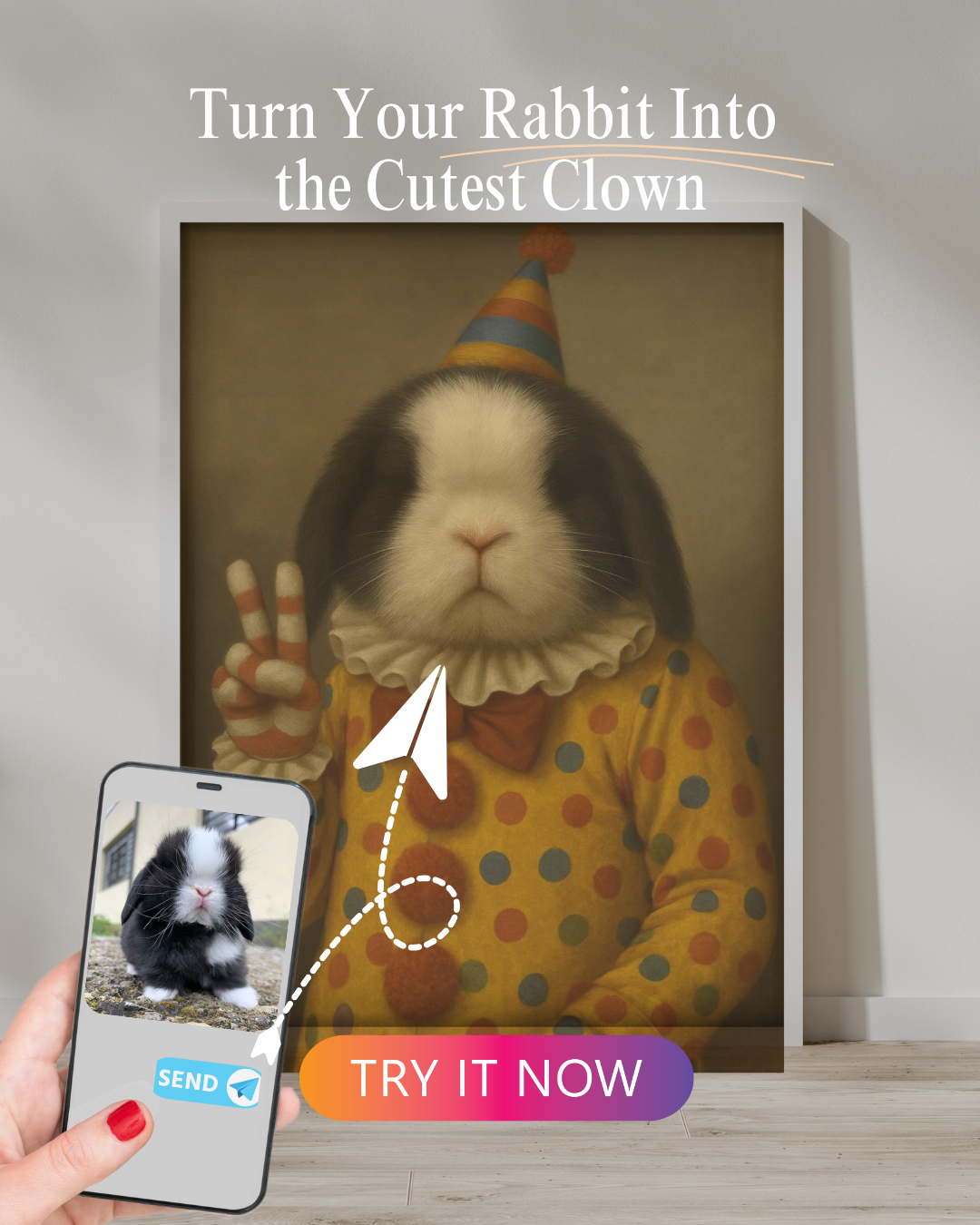 Clown Kaninchen Portrait | Benutzerdefinierte lustige Hasenkunst von Ihrem Foto